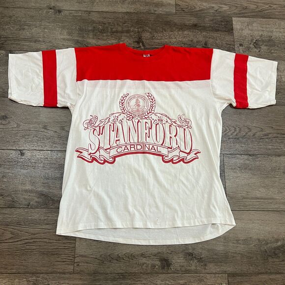 Vintage 80s Artex Stanford White Red T-Shirt Single Stitch Made in USA OSFA 2XL - Picture 1 of 7